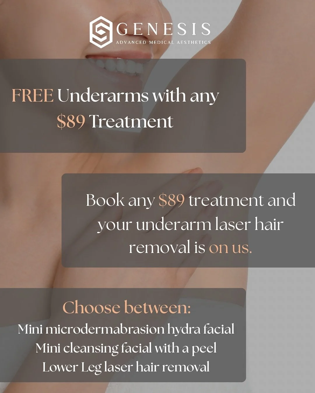 💥FREE💥 underarm laser hair removal with any 89$ mini treatment!

*mini microdermabrasion hydra facial

*mini cleansing facial with a peel

*lower leg laser hair removal

‼️LIMITED TIME OFFER‼️

Book now and save more! 
#savings #genesisyyc #facial