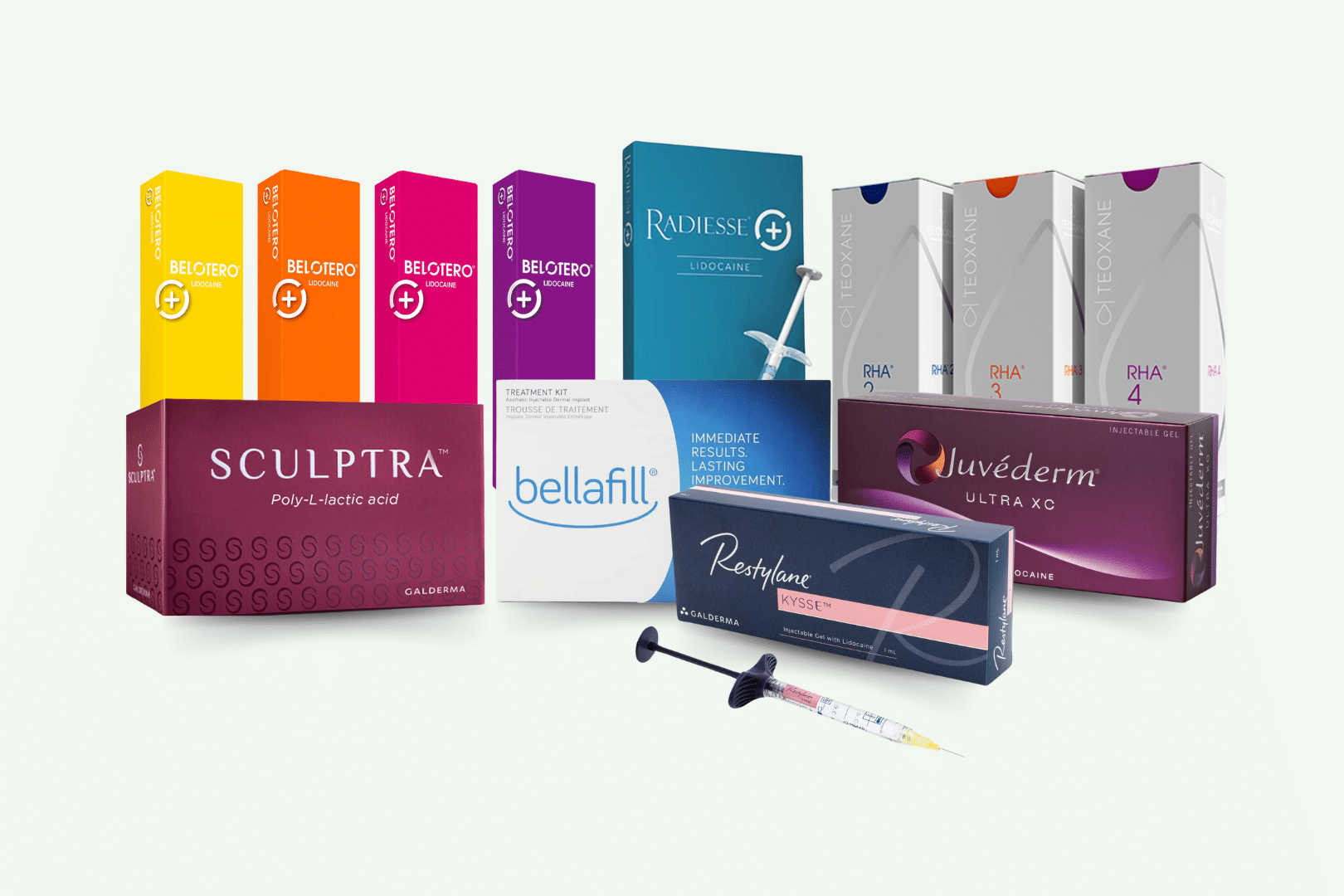 A collection of various cosmetic and skincare products, including boxes of syringes, ointments, and creams from brands like Sculptra, Bellafill, Juvederm, Restylane, Radiesse, and Teoxane, all arranged on a white surface.