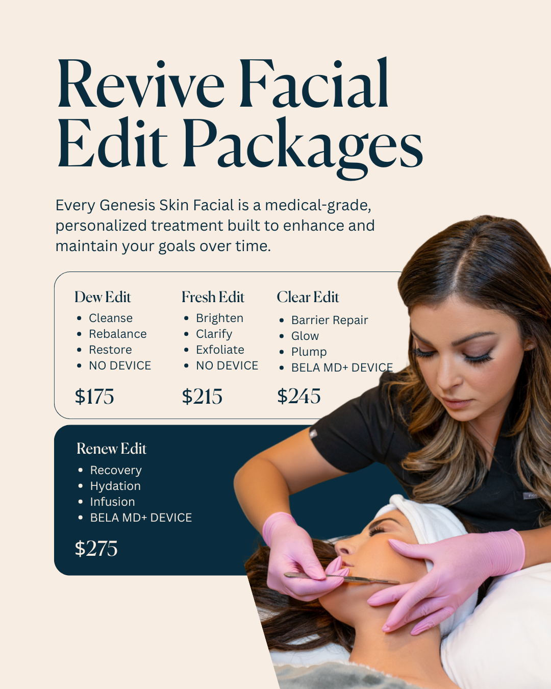 Advertisement for facial editing packages featuring a woman receiving a facial treatment from an esthetician, with package details and prices.