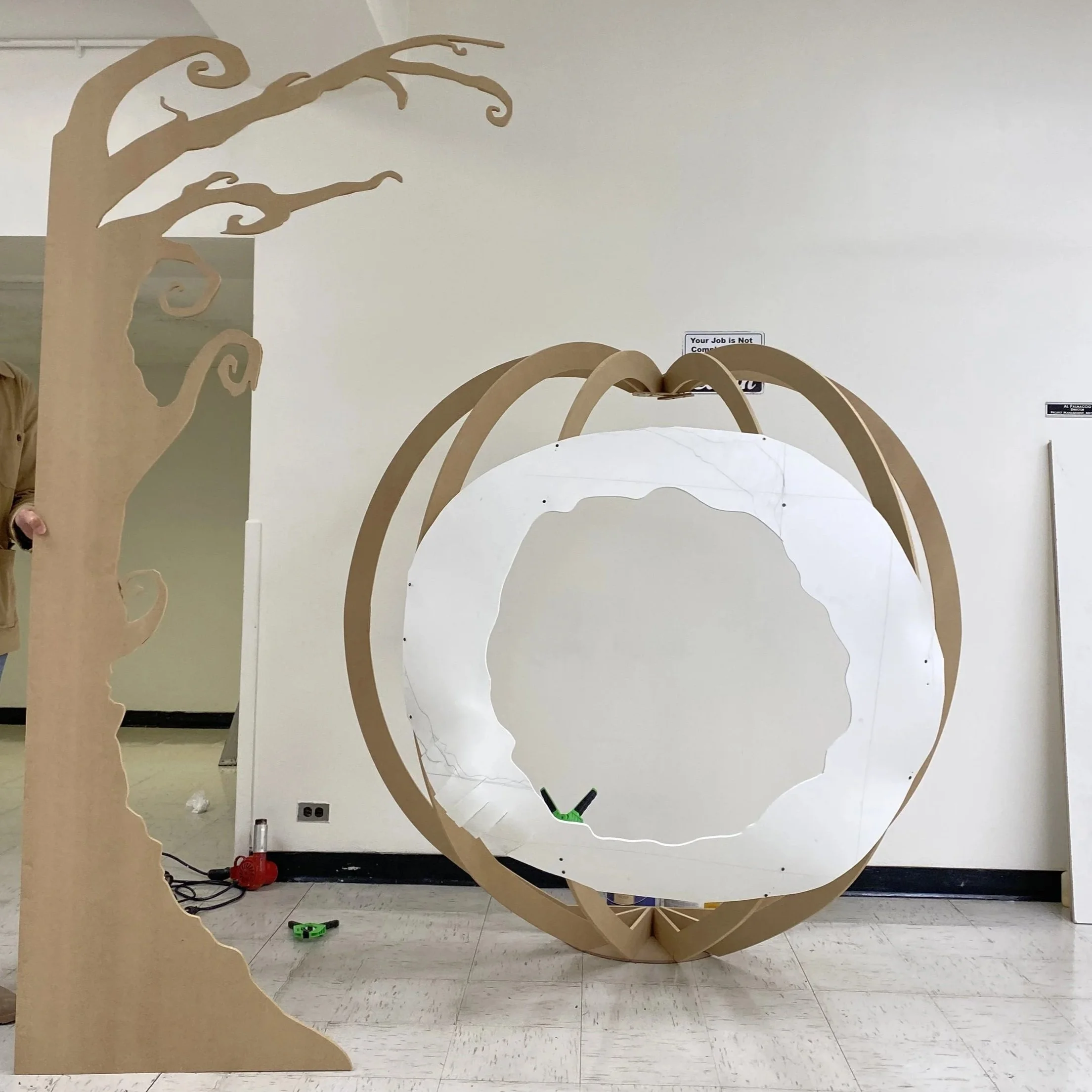 The base of the tree(s) and peach. 