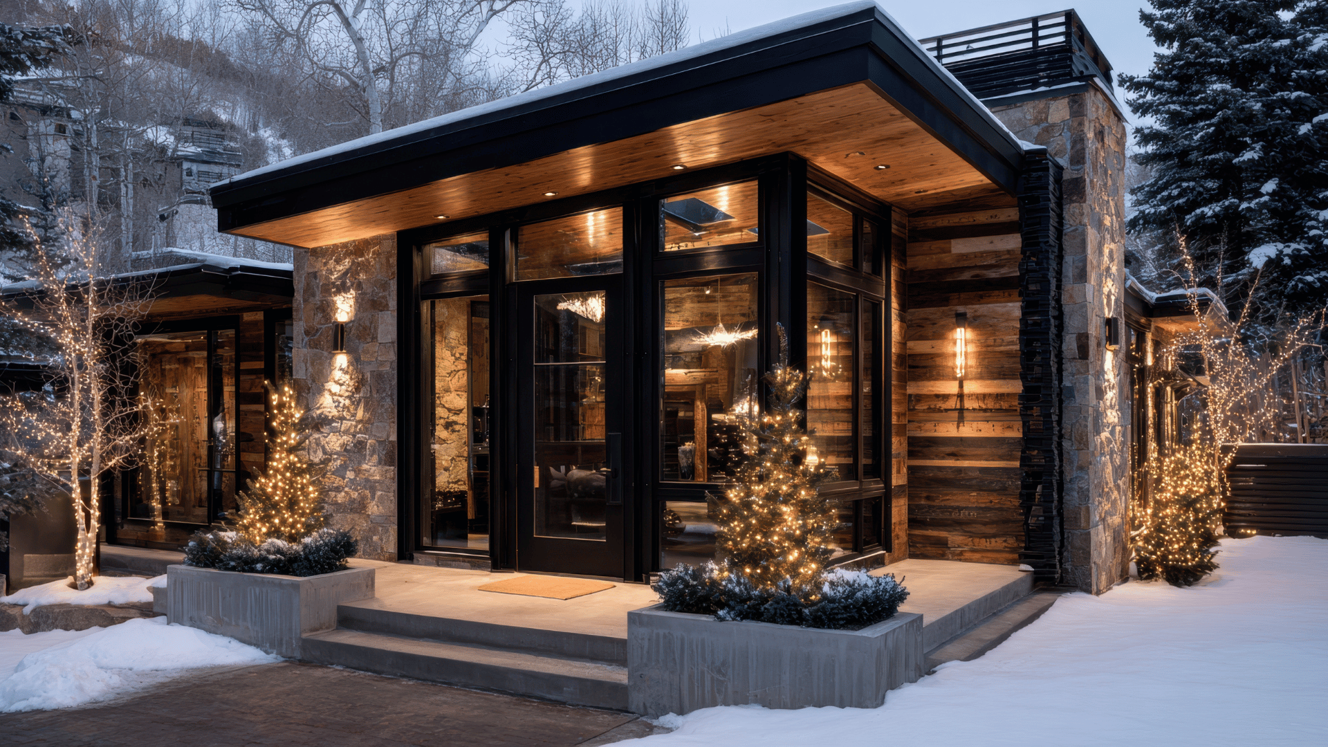 A modern house with stone and wood exterior, decorated with Christmas lights and small Christmas trees, set in a snowy landscape during winter evening.