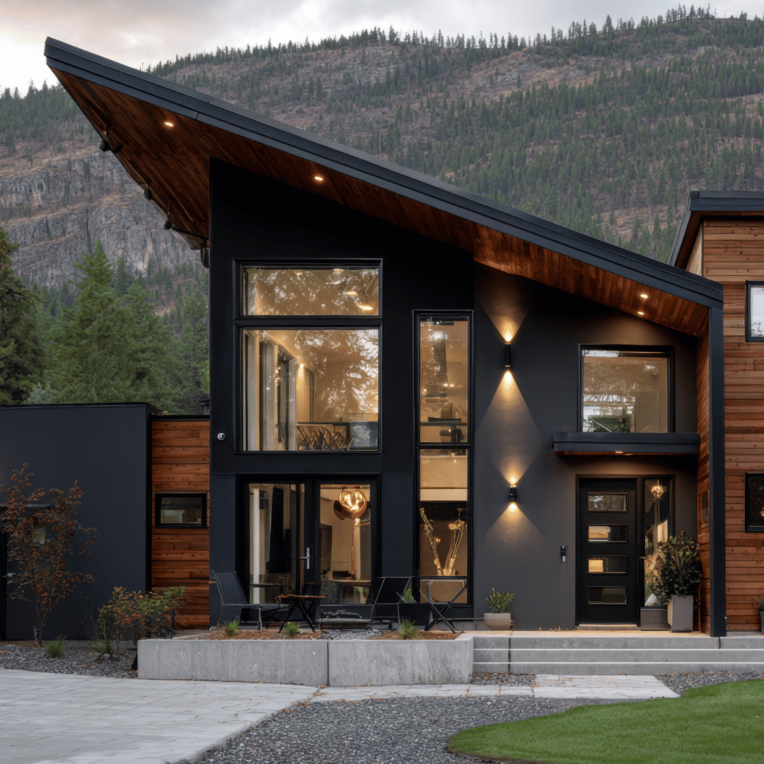 Modern black and wood house with large glass windows and outdoor seating, set against a mountainous background at dusk.