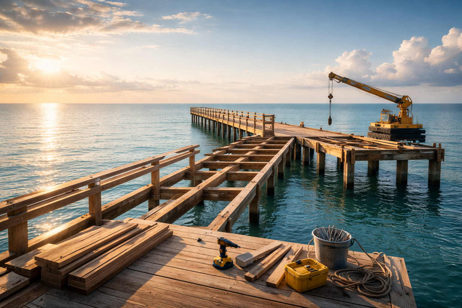 A wooden pier under construction extends into the ocean during sunset, with a crane on the right side and tools such as a drill and a yellow toolbox on the foreground platform.