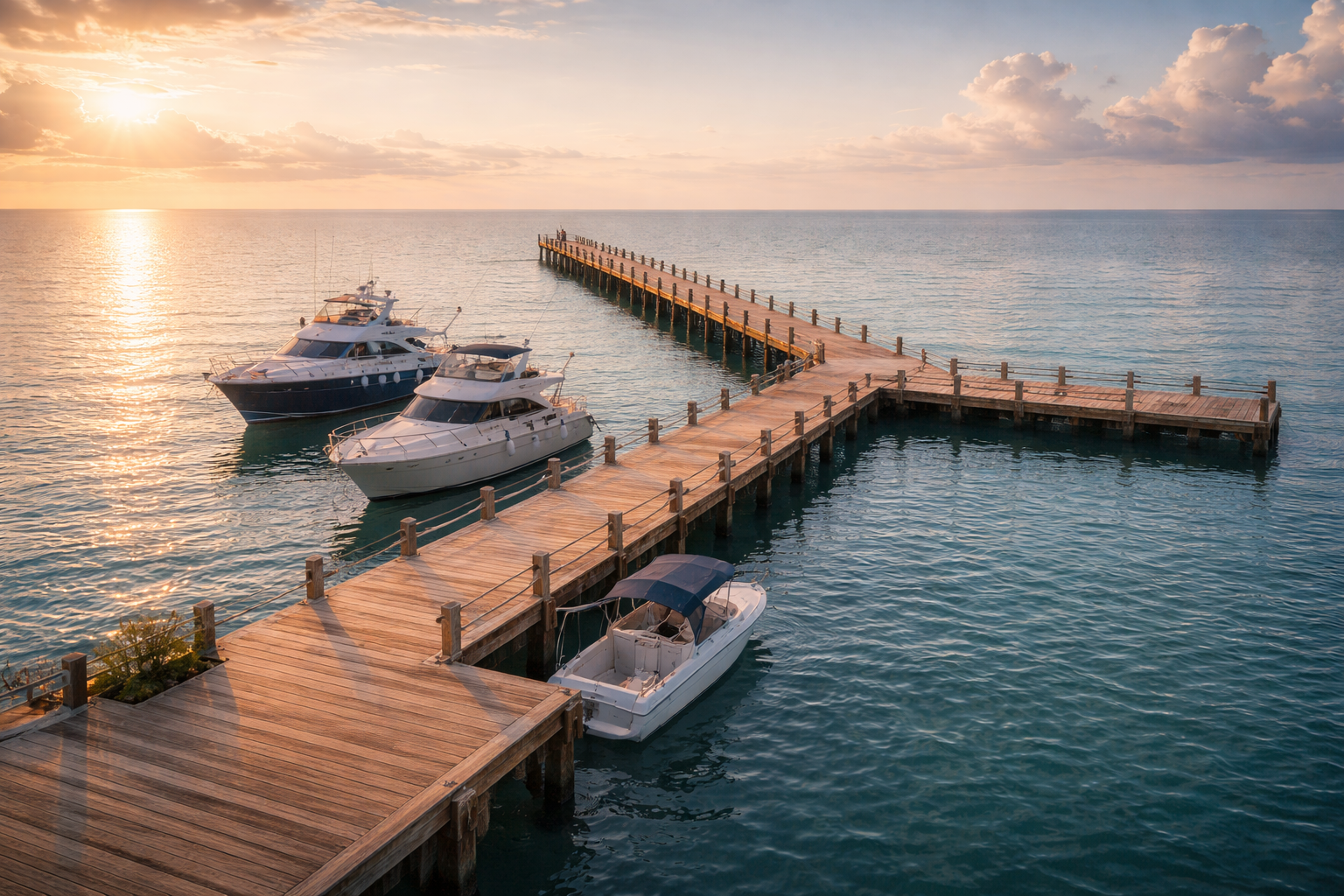 A wooden dock extending into the ocean with several boats moored alongside, during sunset with partly cloudy sky.