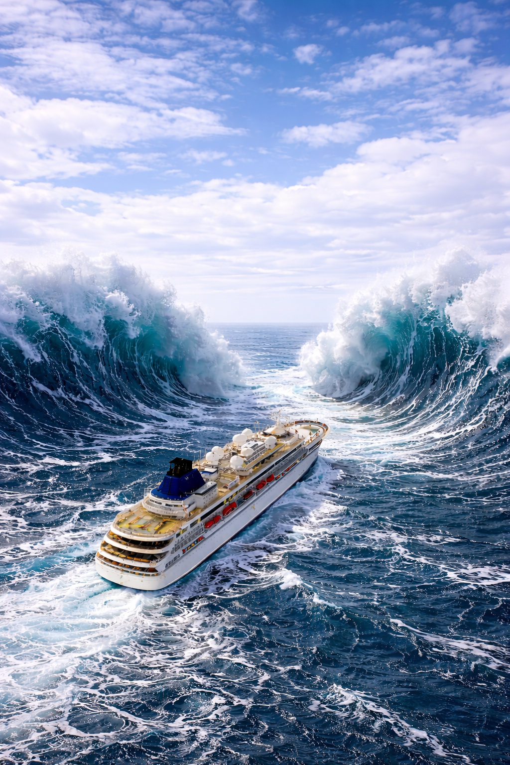 A cruise ship sailing through rough ocean waters with large waves on both sides and a cloudy blue sky above.