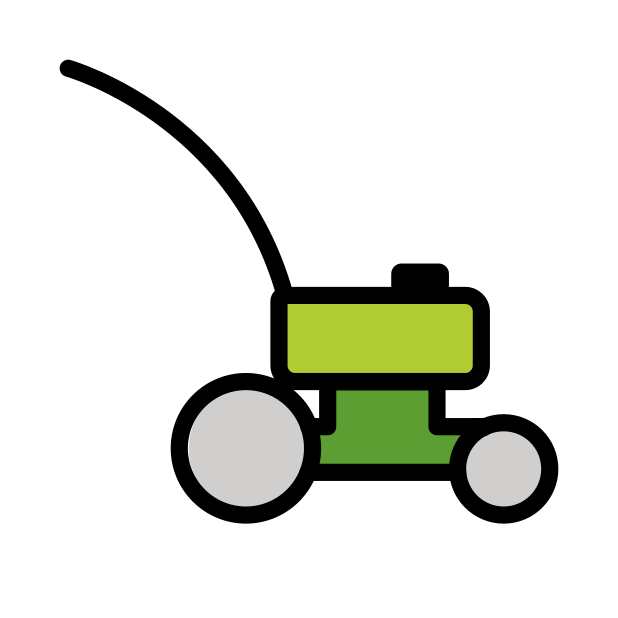 Simple illustration of a push lawn mower with a green body, black handle, and two gray wheels.
