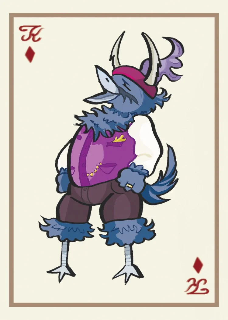 A cartoon illustration of a humanoid bird dressed as a king, wearing a purple vest, brown pants, and a red hat with a purple feather, standing with one hand in its pocket.