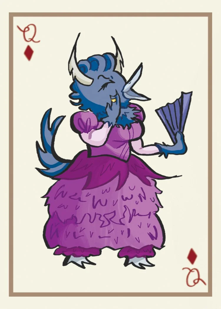 A cartoon illustration of a blue, furry humanoid creature with horns, wearing a purple Victorian-style dress, holding a small fan, and standing as the queen of diamonds in a playing card design.