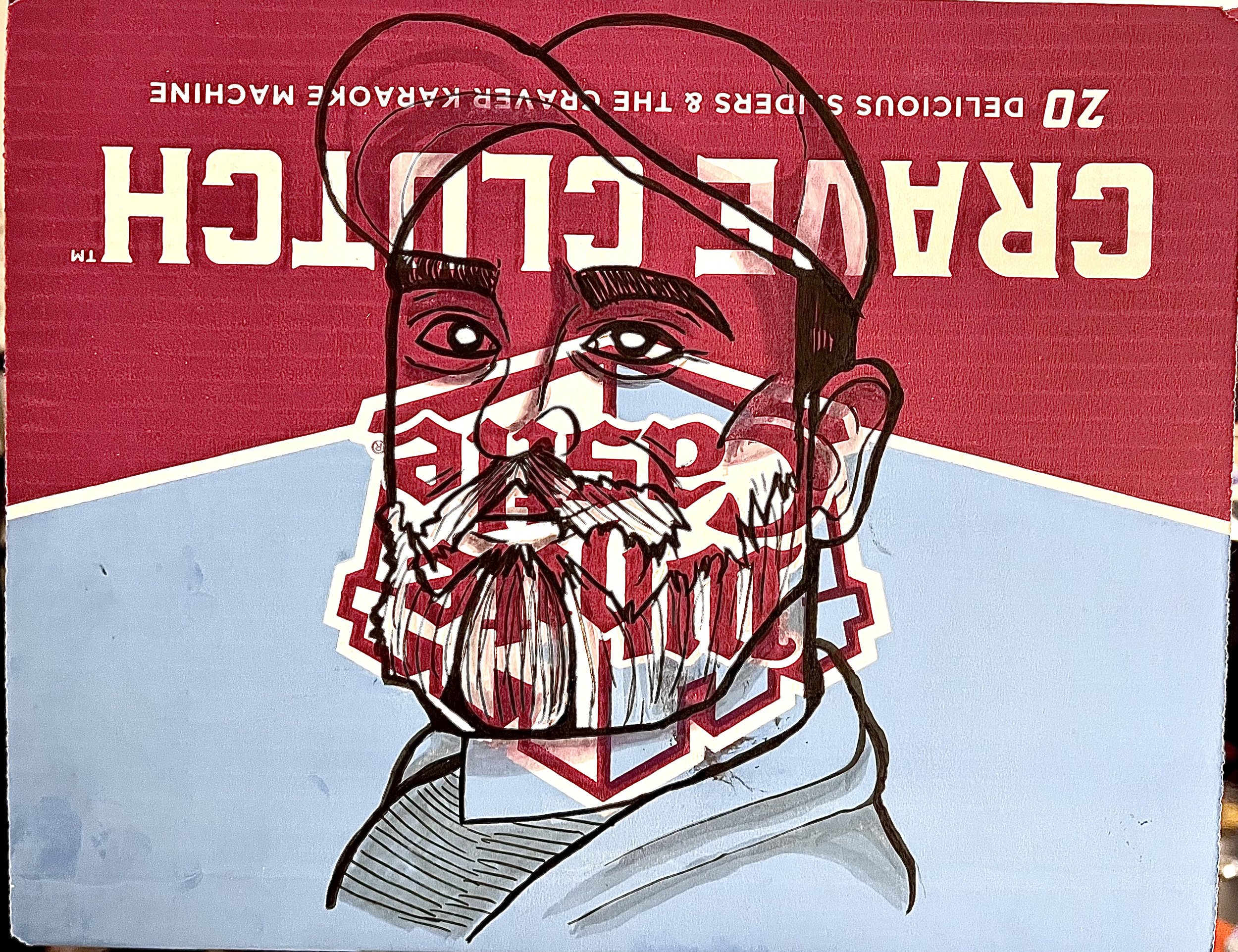 Brain "Q" Quinn Portrait (Ink on Cardboard, White Castle Box)