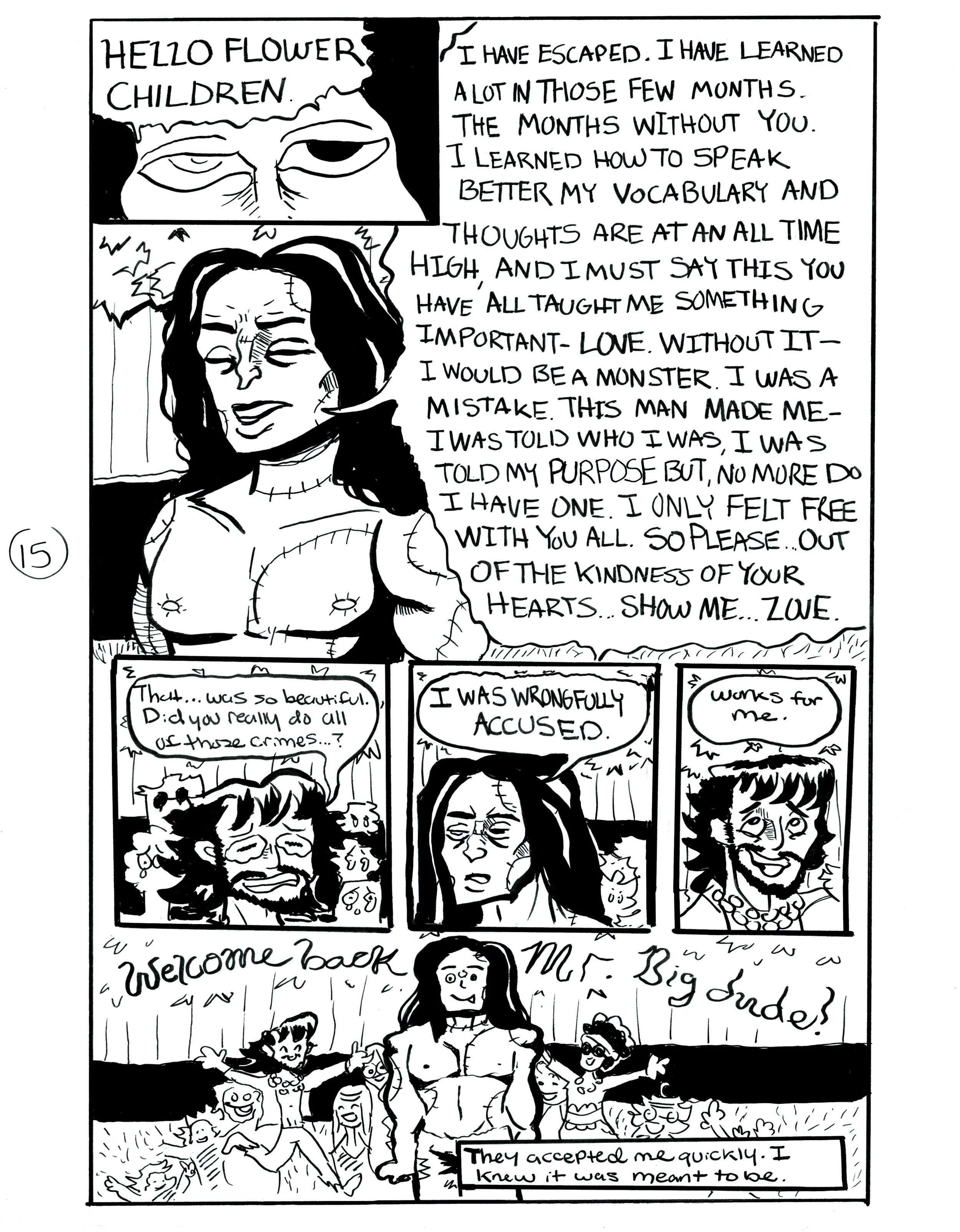 A comic strip depicting a woman expressing her feelings about learning love and appreciation from flowers and children. The strip features her talking about her past mistakes, wrongful accusations, and her return to acceptance by a group of people we