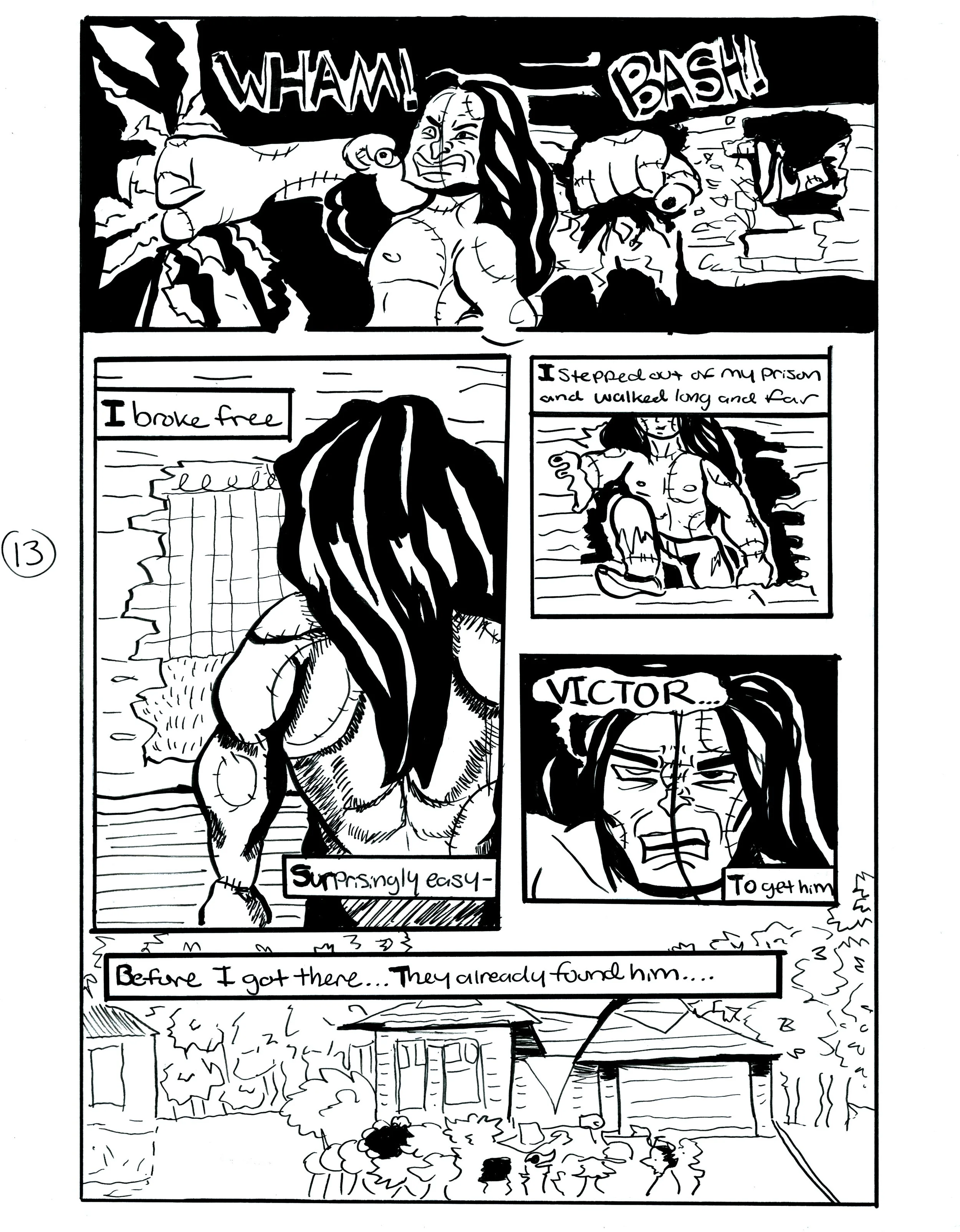 Comic strip art with a woman breaking free from prison, walking long and far, and contemplating her escape. It shows her in prison and then outside, reflecting on her situation and planning to get someone named Victor.