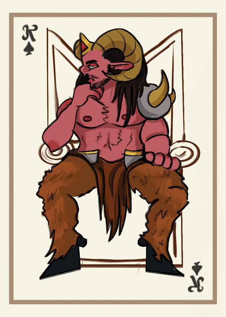 A fantasy illustration of a humanoid creature with pink skin, large ram horns, and long dark hair. The figure is sitting on a throne, with a contemplative expression, one hand on their chin. They have a muscular build, and are wearing brown furry pan