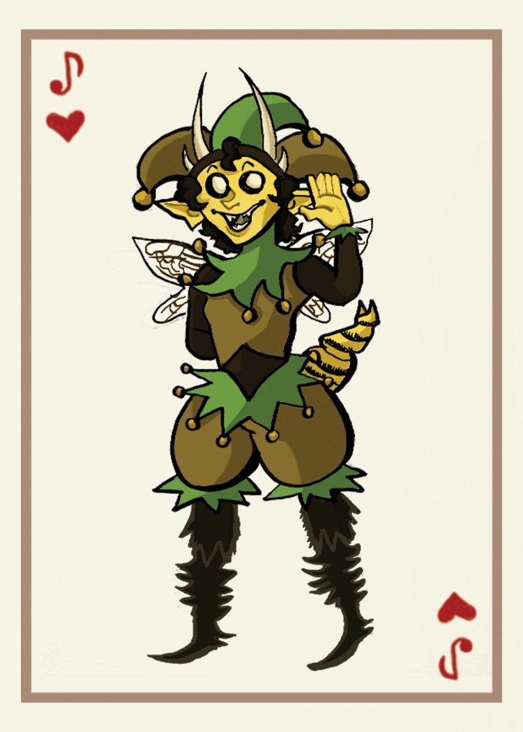 A playing card depicting a whimsical fairy-like character with fairy wings, dressed in jester-style costume with jingle bells and striped tail, holding up a paw and waving.