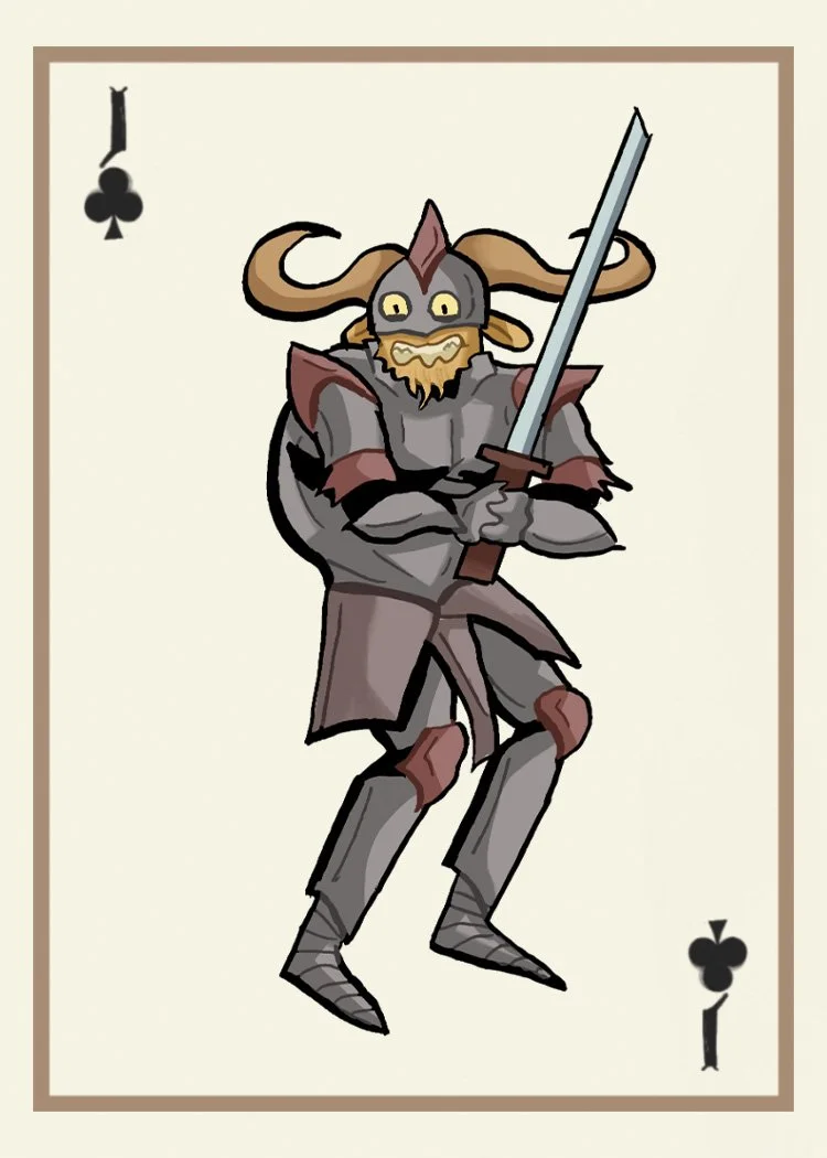 A cartoon playing card featuring a knight in armor with a horned helmet, holding a sword, and the suit symbol clubs in the corners.