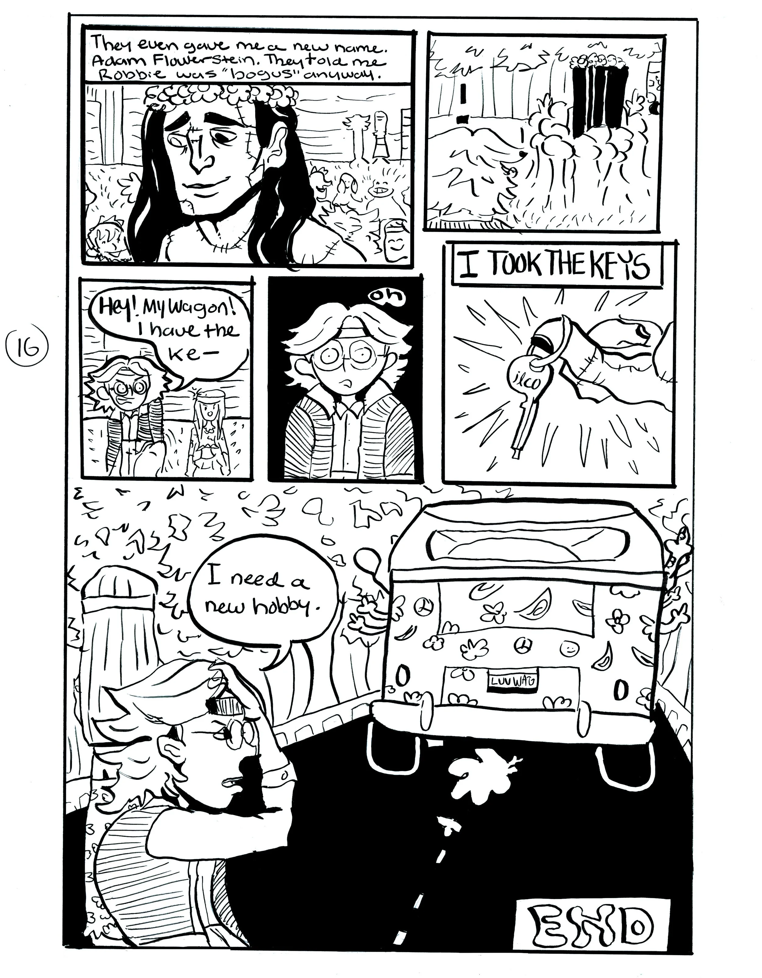 A black-and-white comic strip featuring a character who talks about changing his name to Adam Flowerstein and mentions Robbie being 'bogus.' The character is outdoors, standing in front of a forest and a van with a floral pattern. He holds a set of k