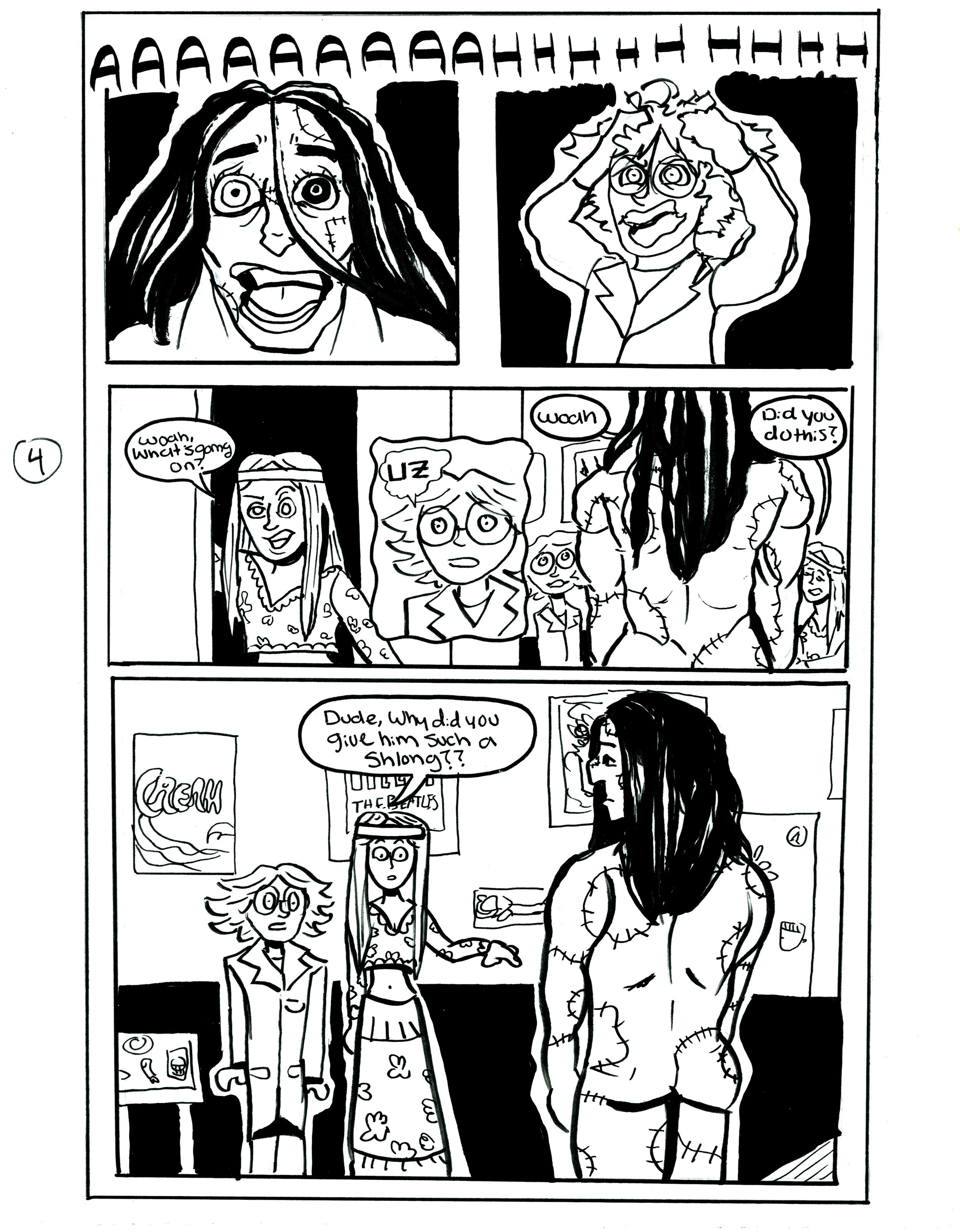 A black and white comic strip showing multiple characters reacting with shock and confusion. The first panel shows a woman with long dark hair and wide eyes, looking distressed. The second panel features another person with curly hair, expressing sur