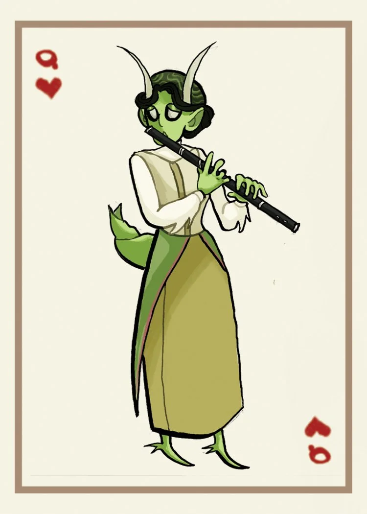 A cartoon playing card of the queen of hearts featuring a fantasy creature with green skin, horns, pointy ears, a tail, glasses, and a robe, playing a flute.