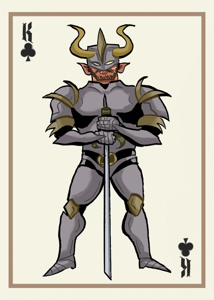 Cartoon illustration of a character dressed as a knight in armor with a horned helmet, standing with his hands over a sword, on a playing card with a king symbol from the suit of clubs.