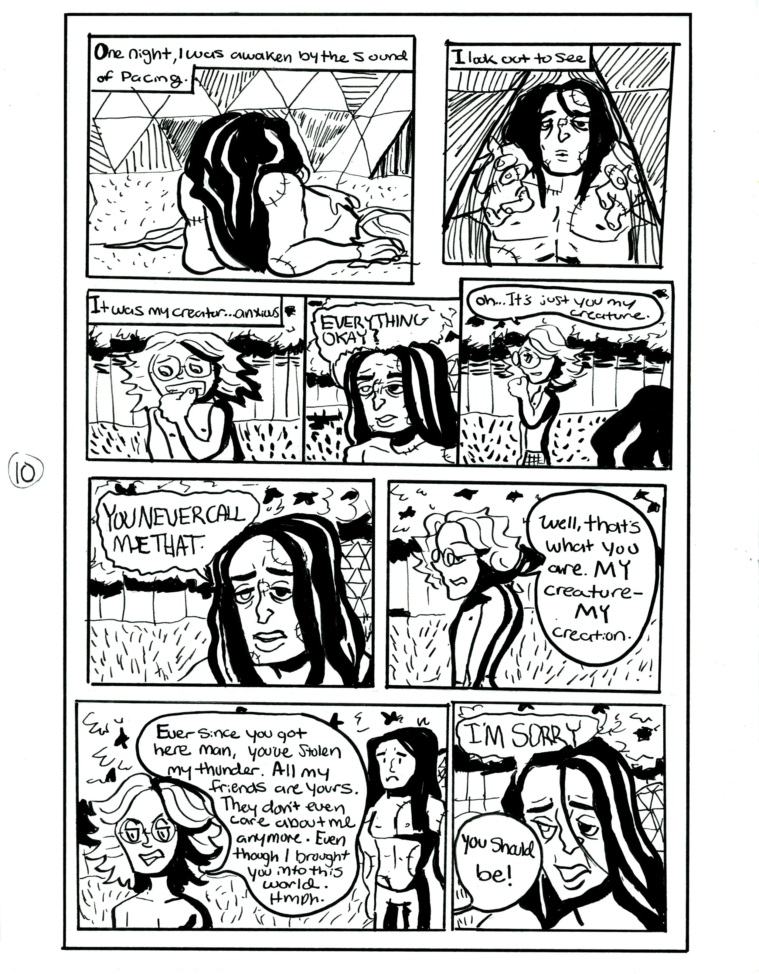 Black and white comic strip depicting a character awakening at night, observing a creature, and having a confrontation about the creature and its nature, with dialogue exchanges.