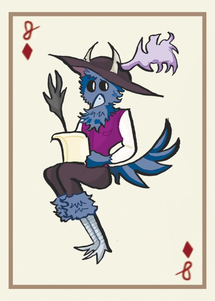 A whimsical playing card illustration of a blue, bird-like creature dressed as a witch, sitting and waving. It wears a large, purple witch hat with a purple flame-shaped decoration, a purple vest, and has a blue tail, feathers, and fur. It has a surp