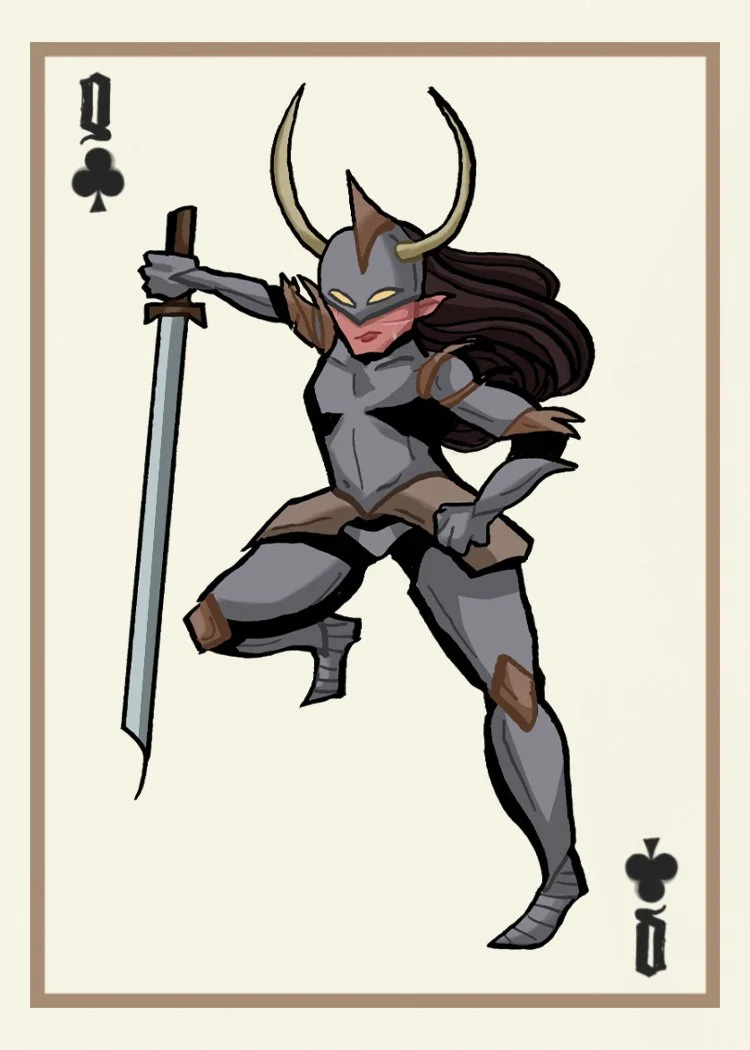 Illustration of a warrior woman dressed in dark armor with horns on her helmet, wielding a sword in a jumping pose, on a playing card design of the Jack of Clubs.