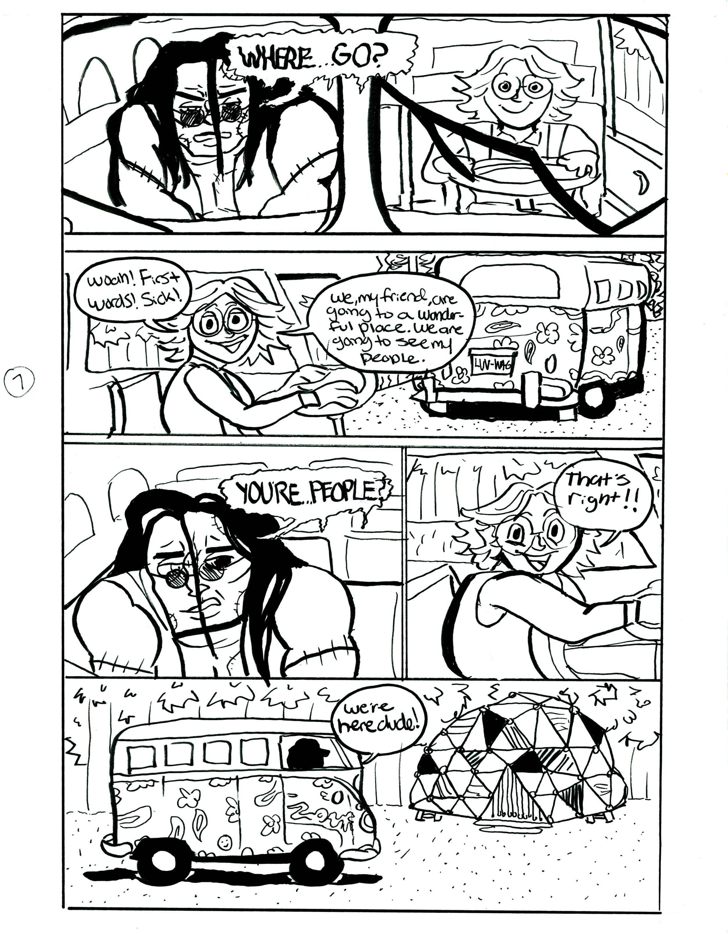A comic strip showing a woman going on a camping trip with a friend, feeling sick at first, but realizing that everyone is there and they are all people, not animals, while camping in a tent and a colorful van.