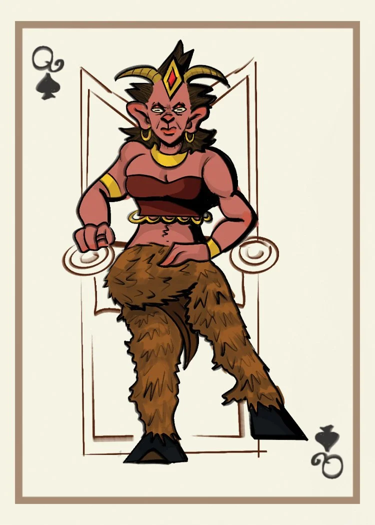 Cartoon illustration of a female devil playing card, Queen of Spades, sitting on a throne.