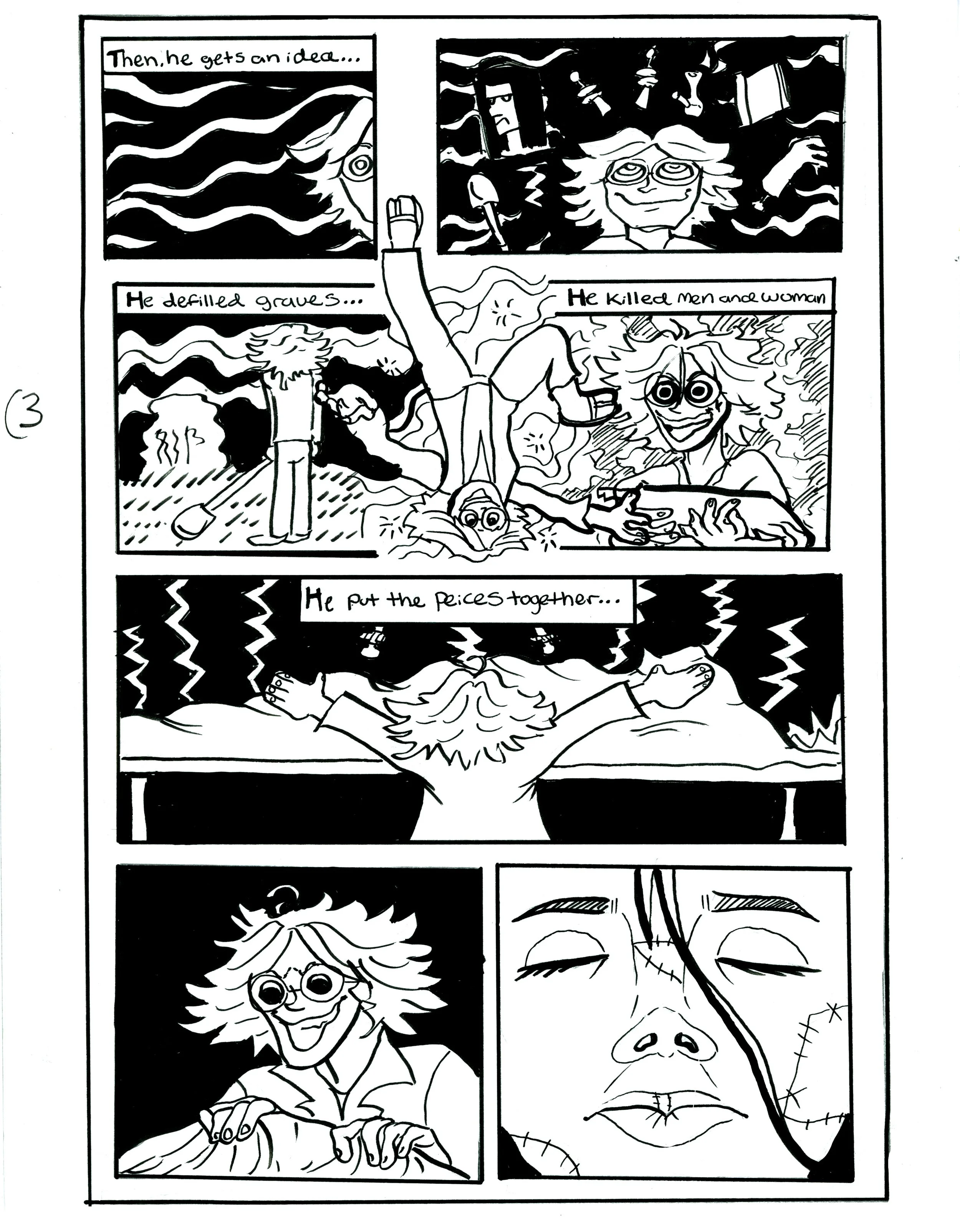 Black and white comic strip illustrating a person who has an idea, defiles graves, kills people, puts pieces together, and ends with a woman with glasses smiling with stitched features.