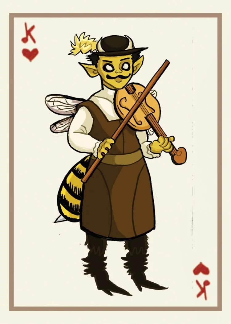 Cartoon character dressed as a beekeeper playing a violin, with a bee tail, a feathered hat, and tiny insect wings, on a playing card with the King of Hearts symbol.