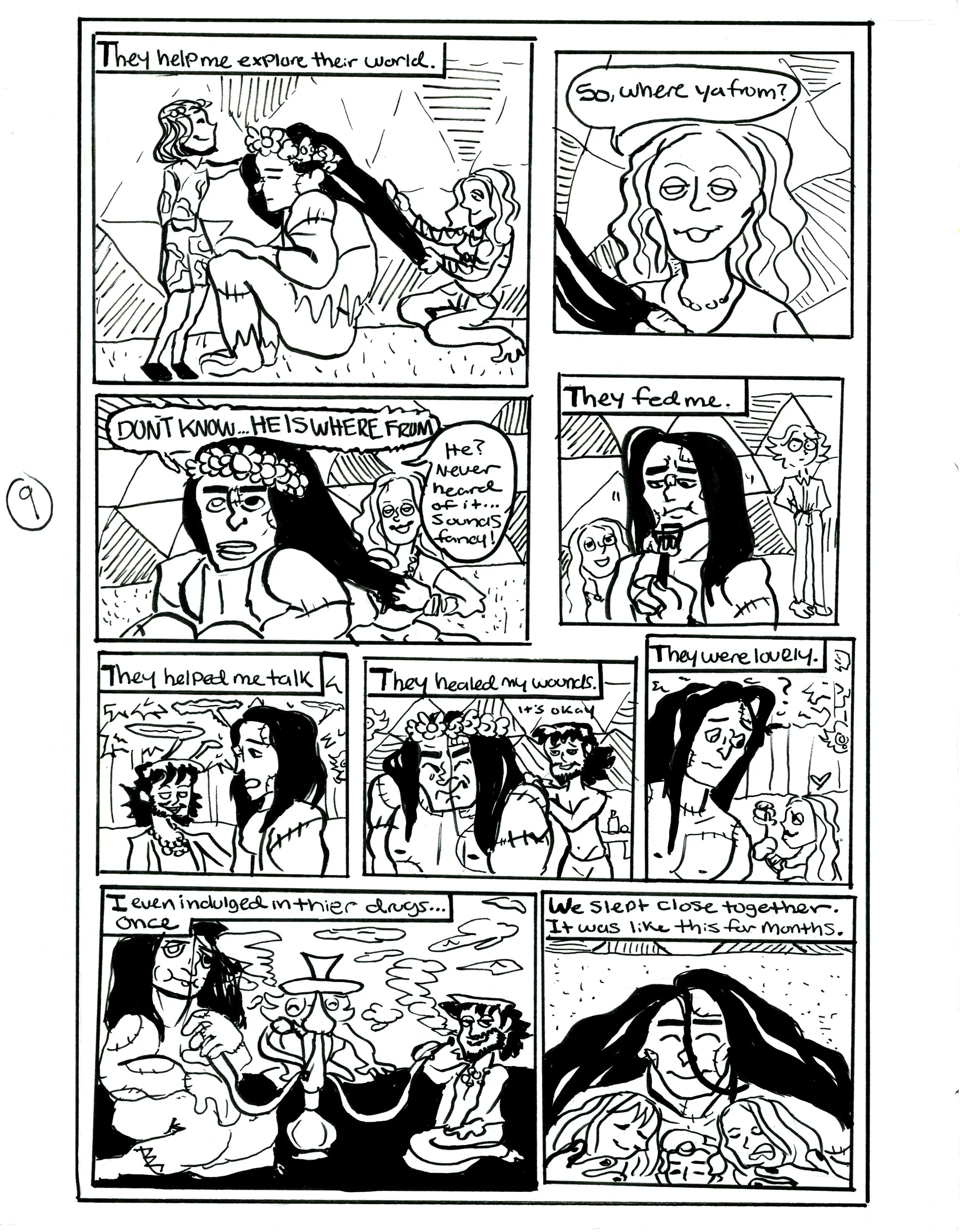 A black and white comic strip depicting women sharing a story about their experiences with aliens. The women describe their encounters, including being fed, helped, and healed by aliens, and share feelings of love and bonding.