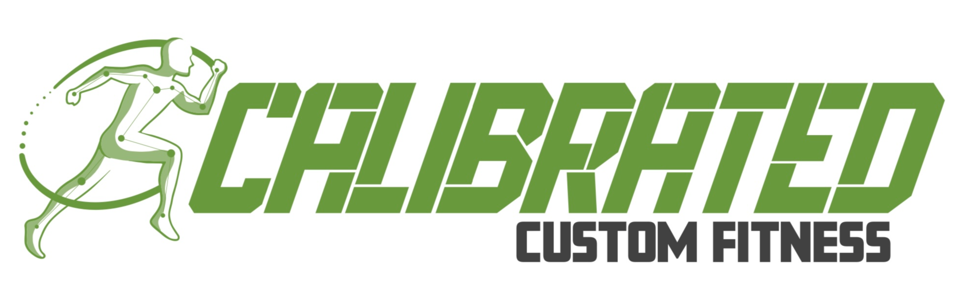 Logo for Calibrated Custom Fitness featuring a stylized green running figure with connected dots indicating muscles or joints, next to the bold text "CALIBRATED!" in green and "CUSTOM FITNESS" in black.