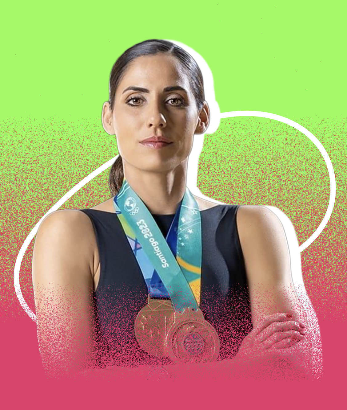 Mujer deportista con medallas de oro y plata en los Juegos Olímpicos, con fondo verde y rosa.