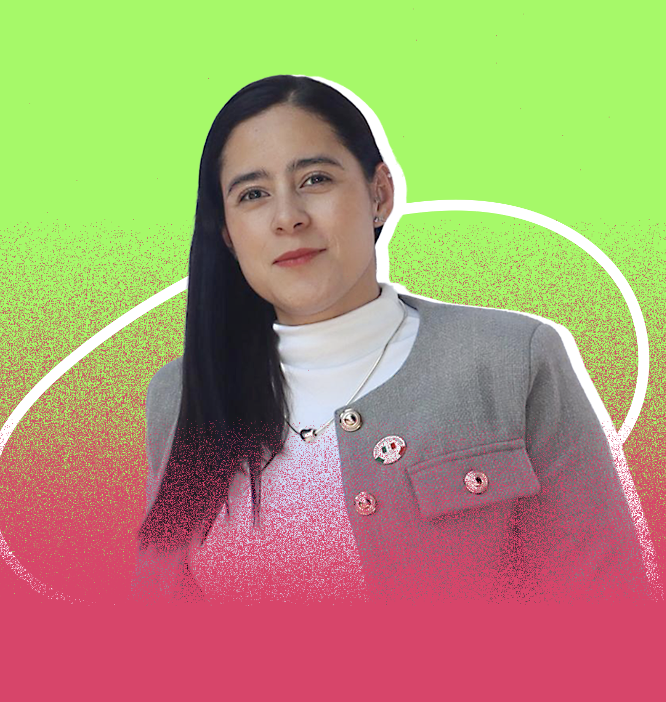 Retrato de una mujer con cabello largo y oscuro, vestida con chaqueta gris y blusa blanca, con fondo colorido en tonos verdes y rosados con efectos de estilo gráfico.