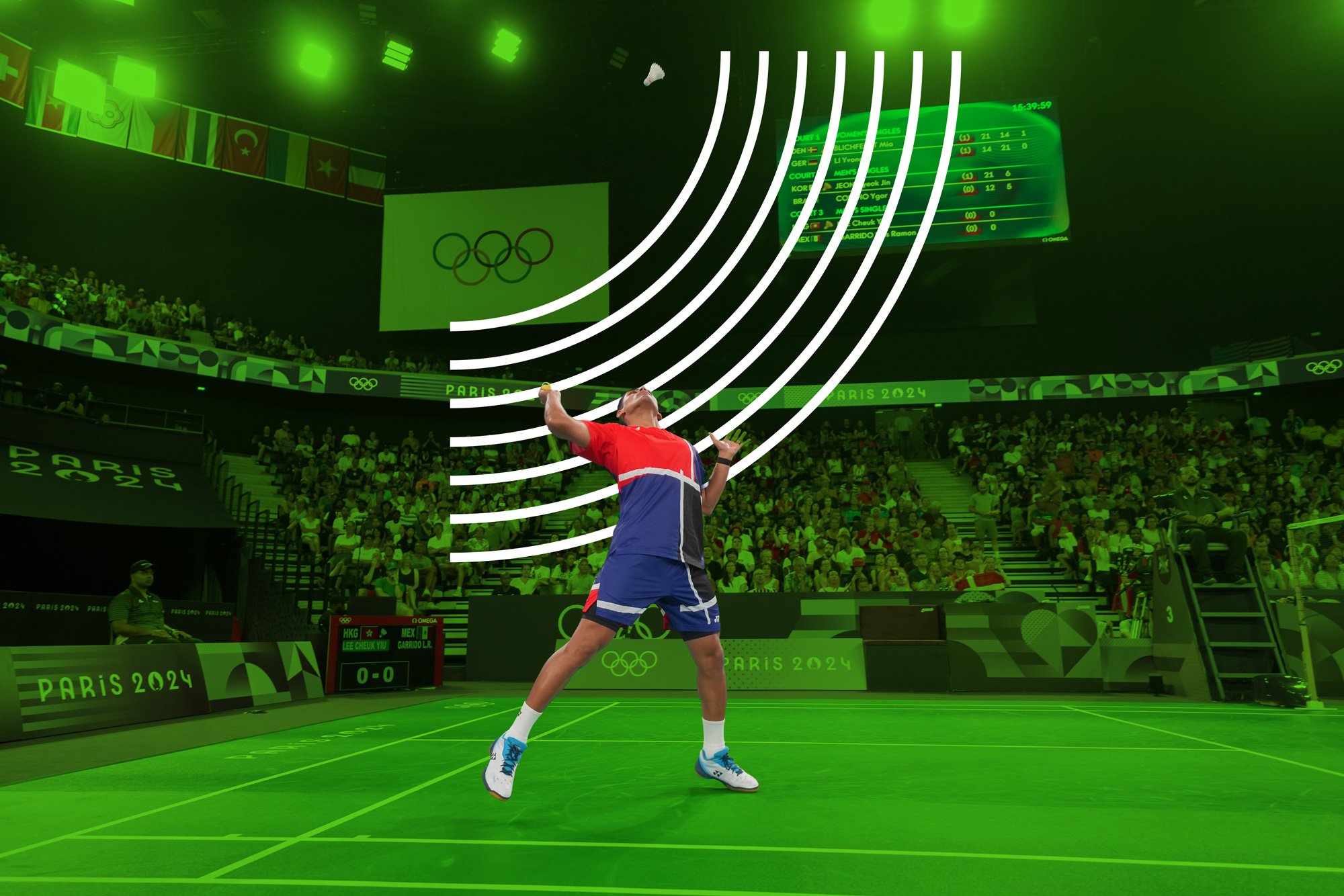 Atleta en cancha de bádminton en los Juegos Olímpicos de París 2024, rodeado por una audiencia en el estadio.