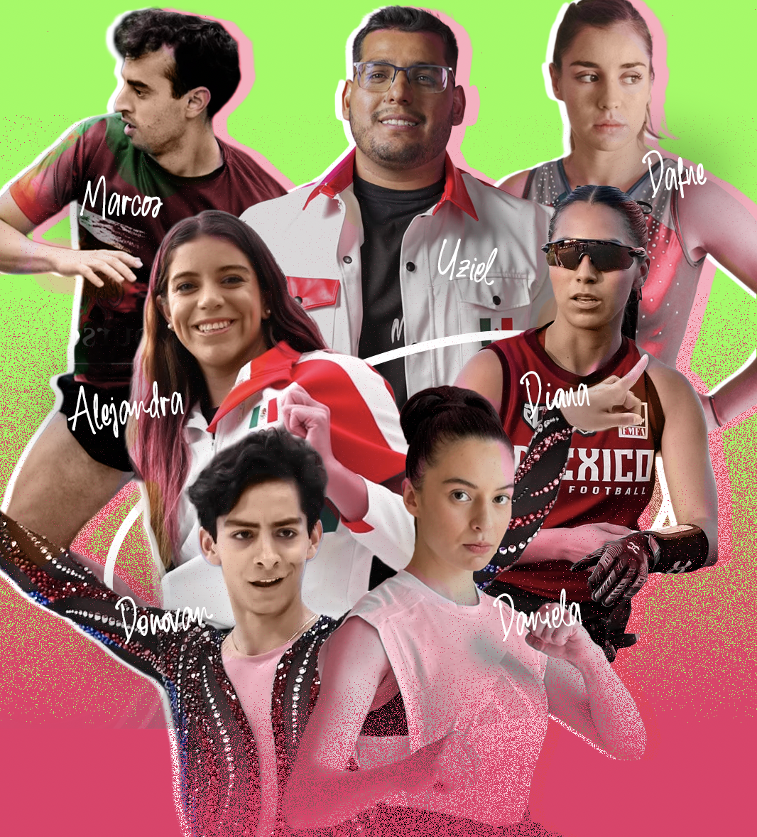 Grupo de siete personas, cinco mujeres y dos hombres, posando con diferentes expresiones y ropa deportiva en un fondo de colores verdes y rosas, con nombres escritos en la imagen. La imagen parece ser un collage de atletas o personajes deportivos.