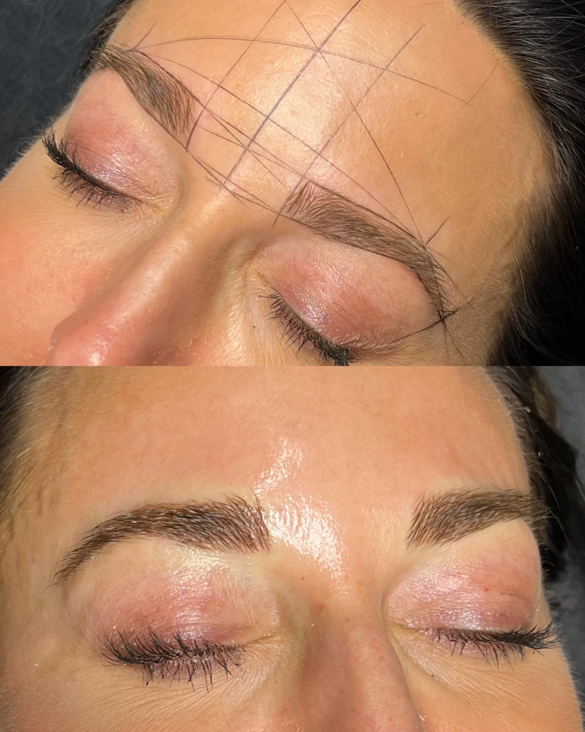 Close-up of a woman’s face showing before and after images of eyebrow microblading, with her eyes closed.