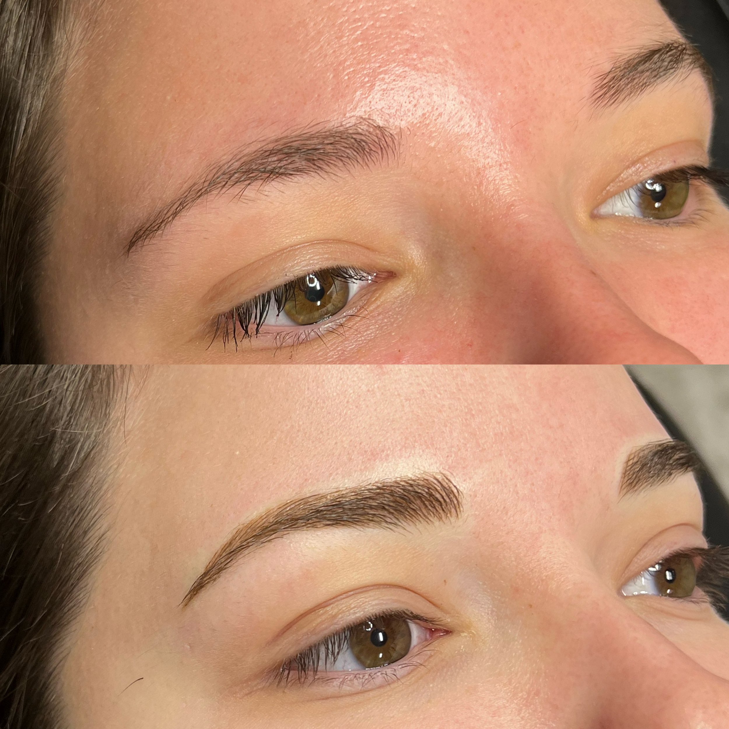 Close-up of a woman's face showing a before-and-after comparison of eyebrow enhancement, with sparse eyebrows in the top image and well-defined, shaped eyebrows in the bottom image.