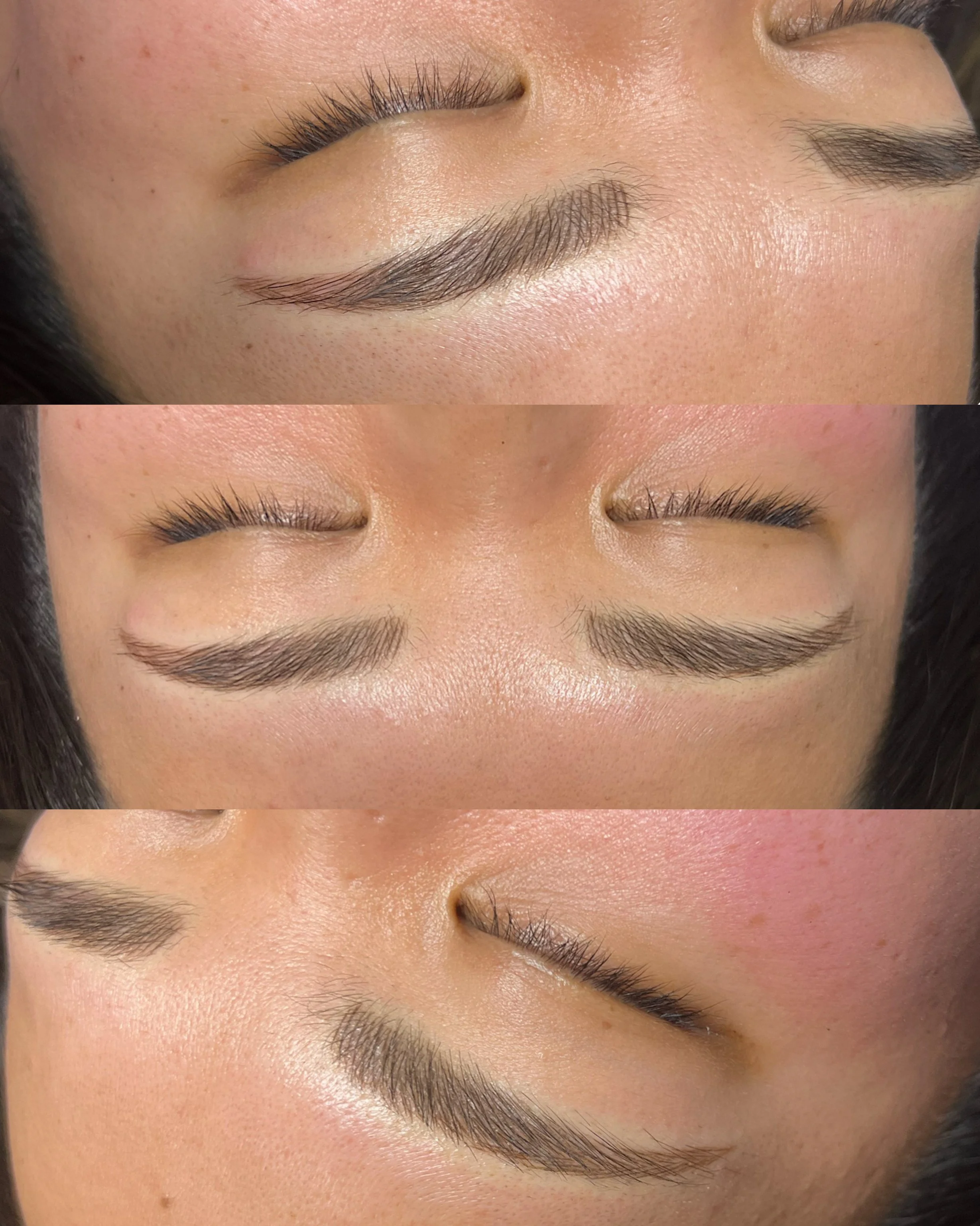 Close-up of a woman's face focusing on her eyebrows and eye area, showing a before and after of eyebrow grooming or microblading, with her eyes closed.