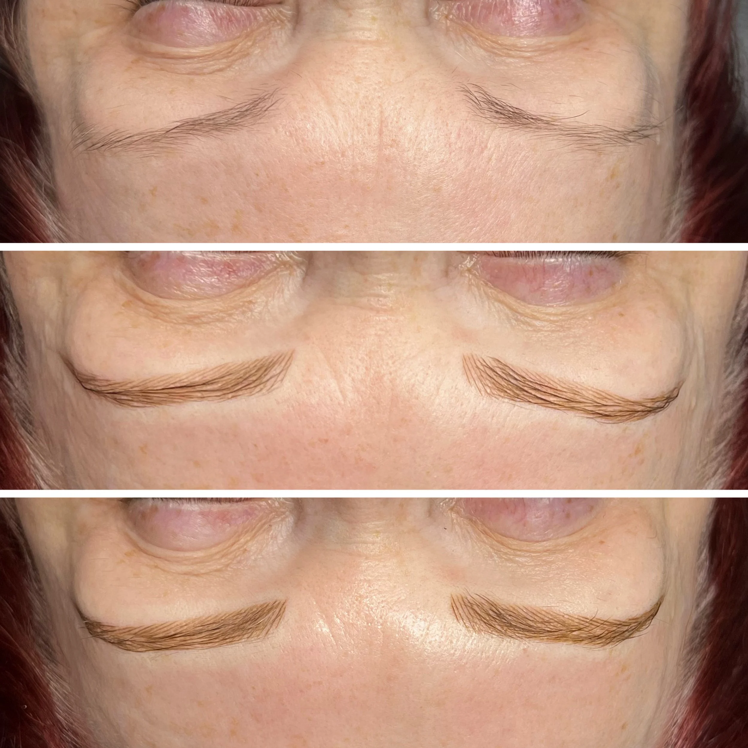 Close-up of a person's forehead and eyebrows before, during, and after eyebrow grooming or microblading process.