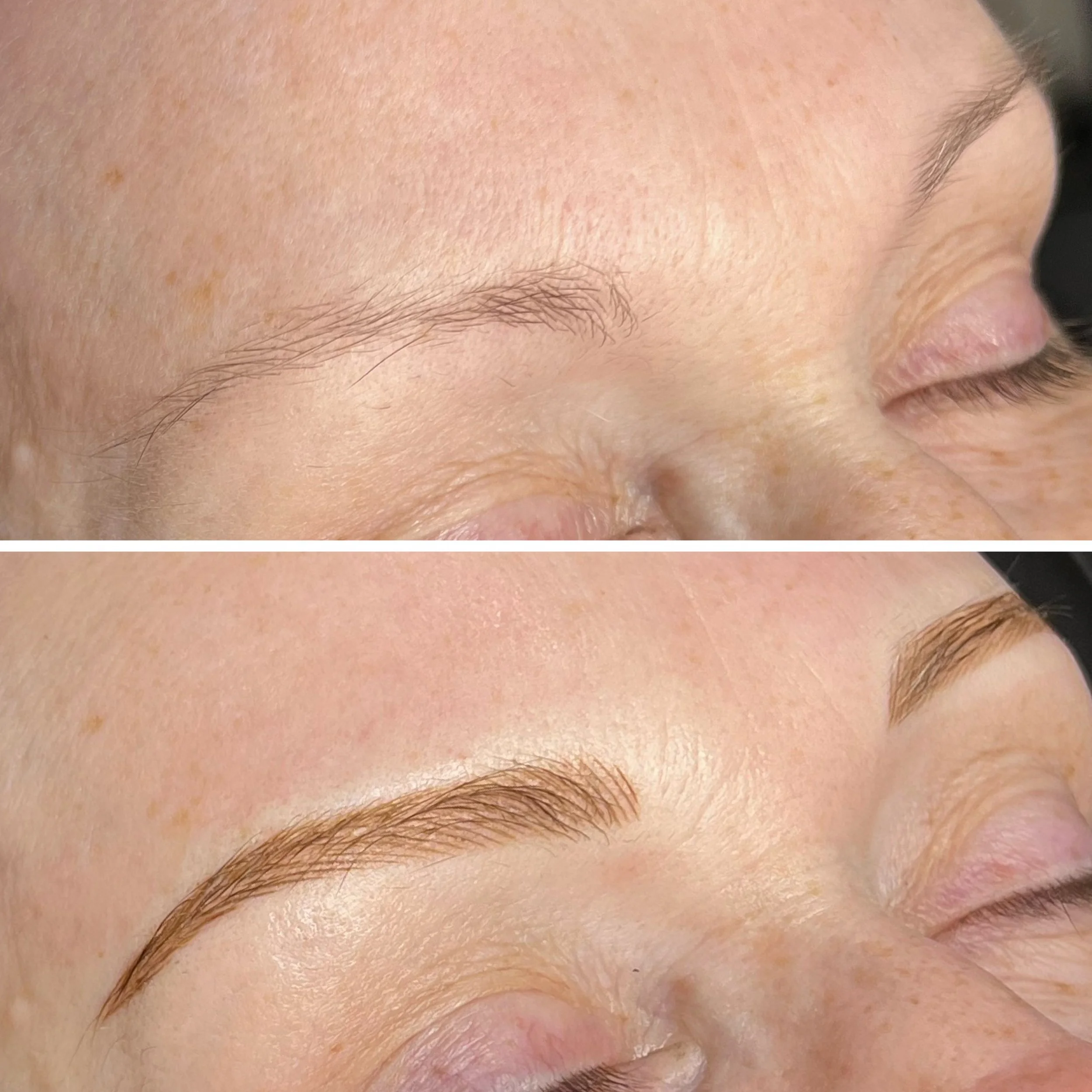 Side-by-side comparison of a person's eyebrow, showing before and after cosmetic eyebrow tattooing or microblading procedure.