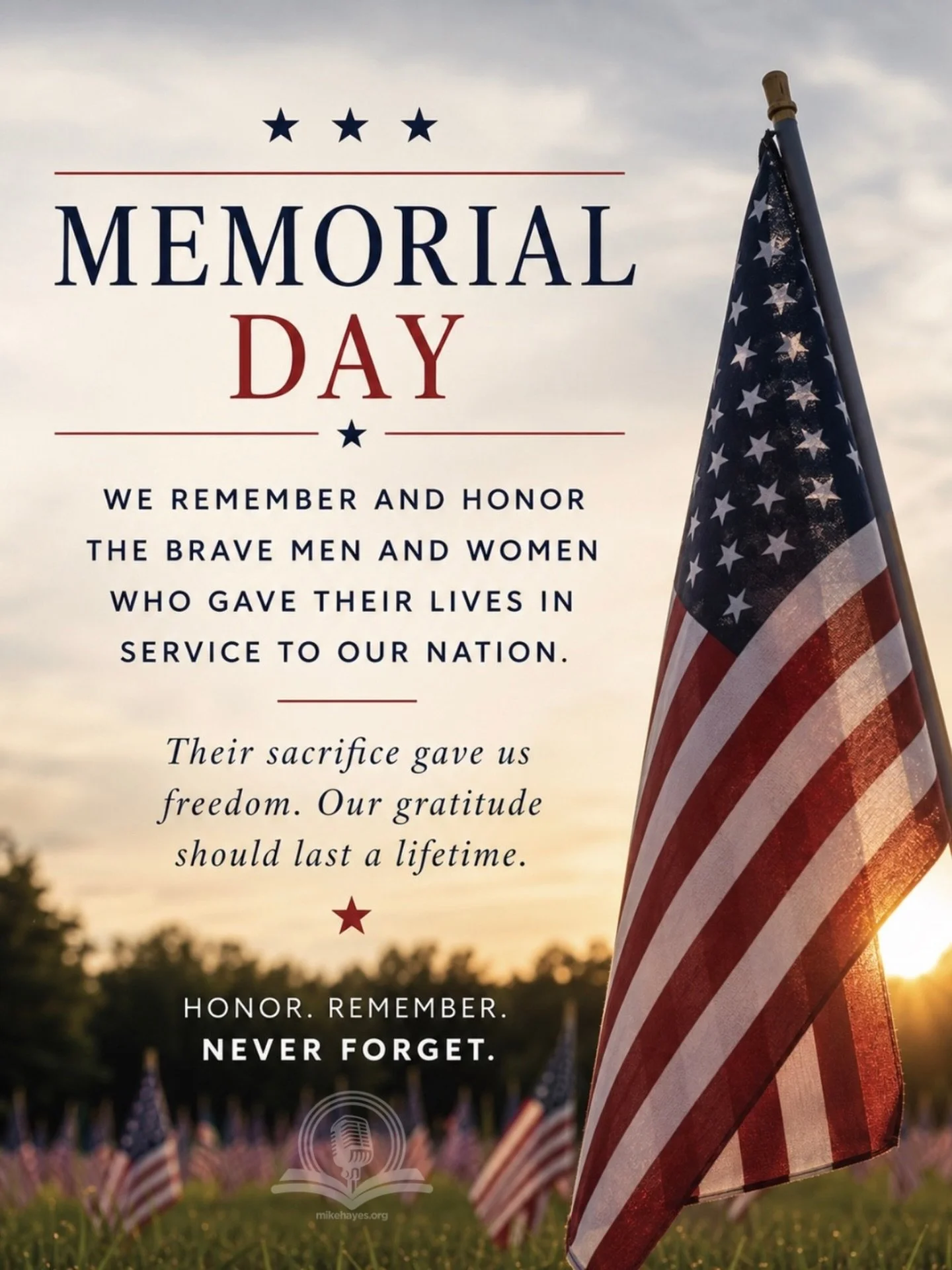 Today we pause to remember the men and women who gave their lives in service to this country. Their sacrifice reminds us that freedom is never free.

May we live with gratitude, humility, and honor for those who gave everything for others.