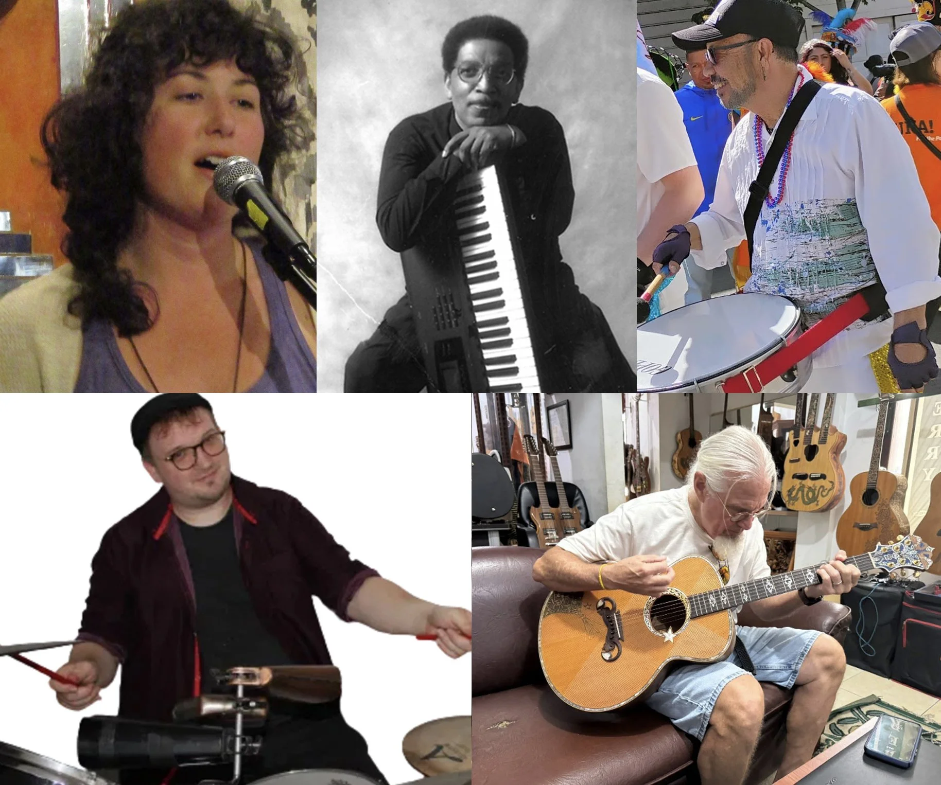 A collage of five people playing musical instruments and singing in various settings. The first person, a woman with curly hair, sings into a microphone. The second person, a man in black with glasses, holds a keyboard and a microphone. The third person, a man in a white shirt and cap, is playing a drum. The fourth person, a man with glasses in a dark shirt, is playing a keyboard. The fifth person, an older man with white hair and a beard, is playing an acoustic guitar. They are all engaged in musical activity, in different venues including a store with guitars and a public event.