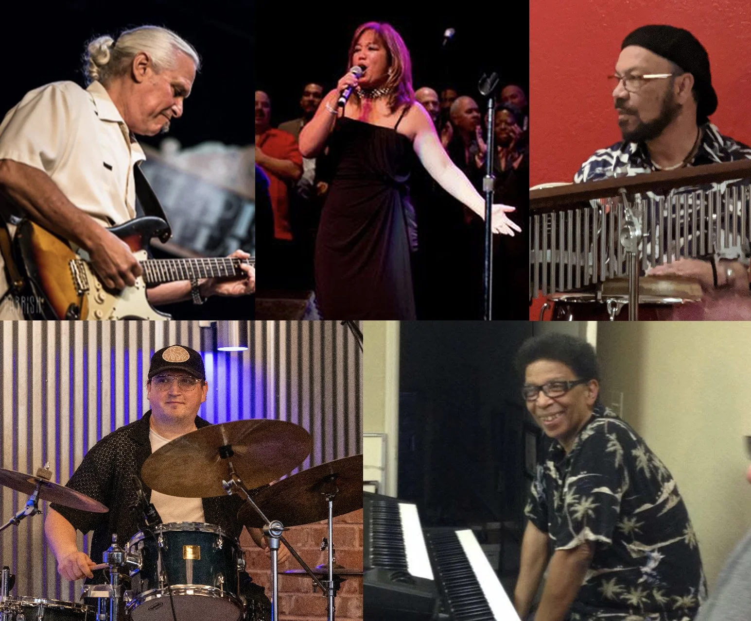 Collage of five musicians performing: an older man playing guitar, a woman singing on stage, a man playing vibraphone, a young man playing drums, and a man playing keyboard.