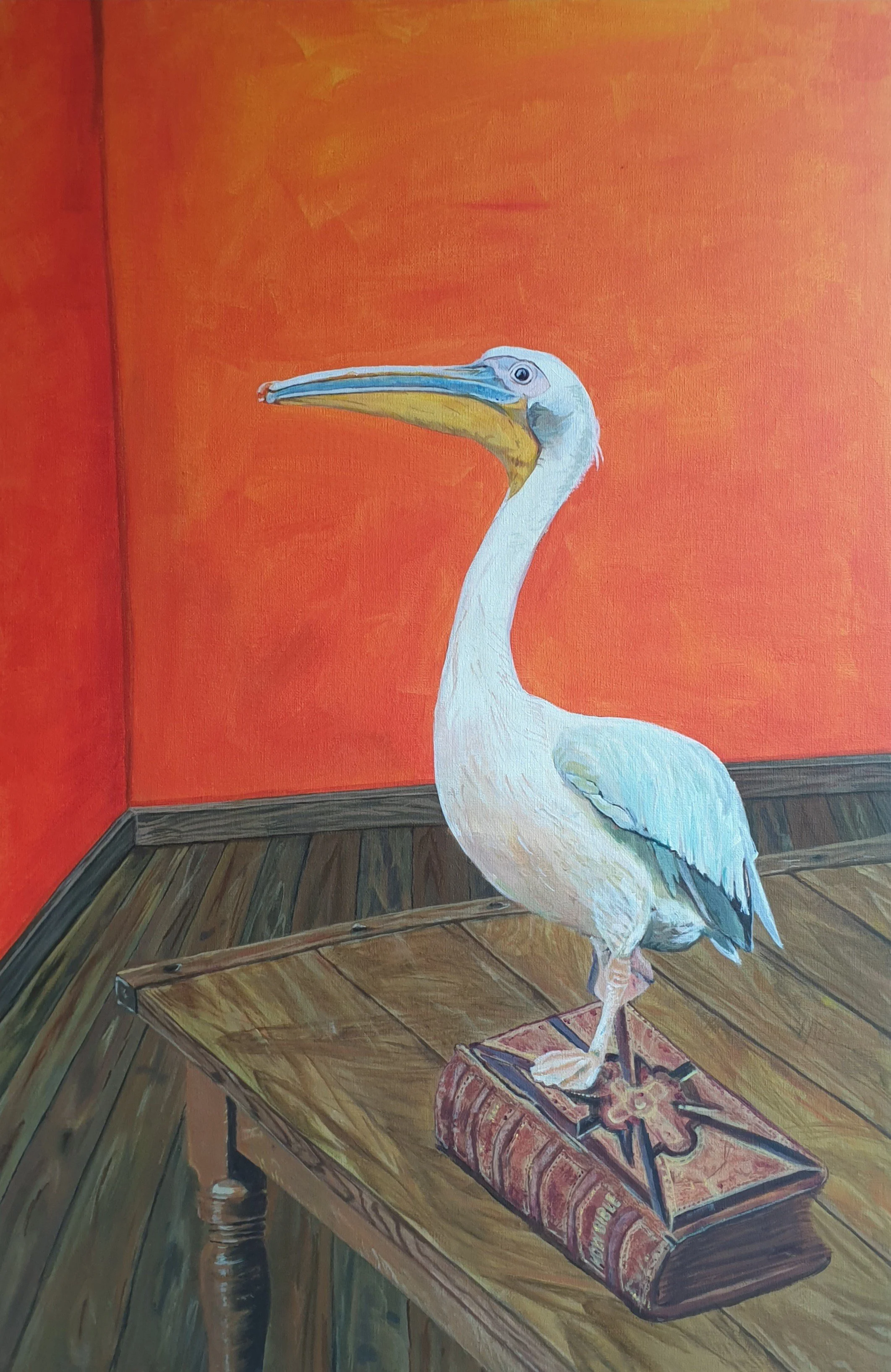'Pelican & Bible', 
Size A1, acrylic on canvas panel.
