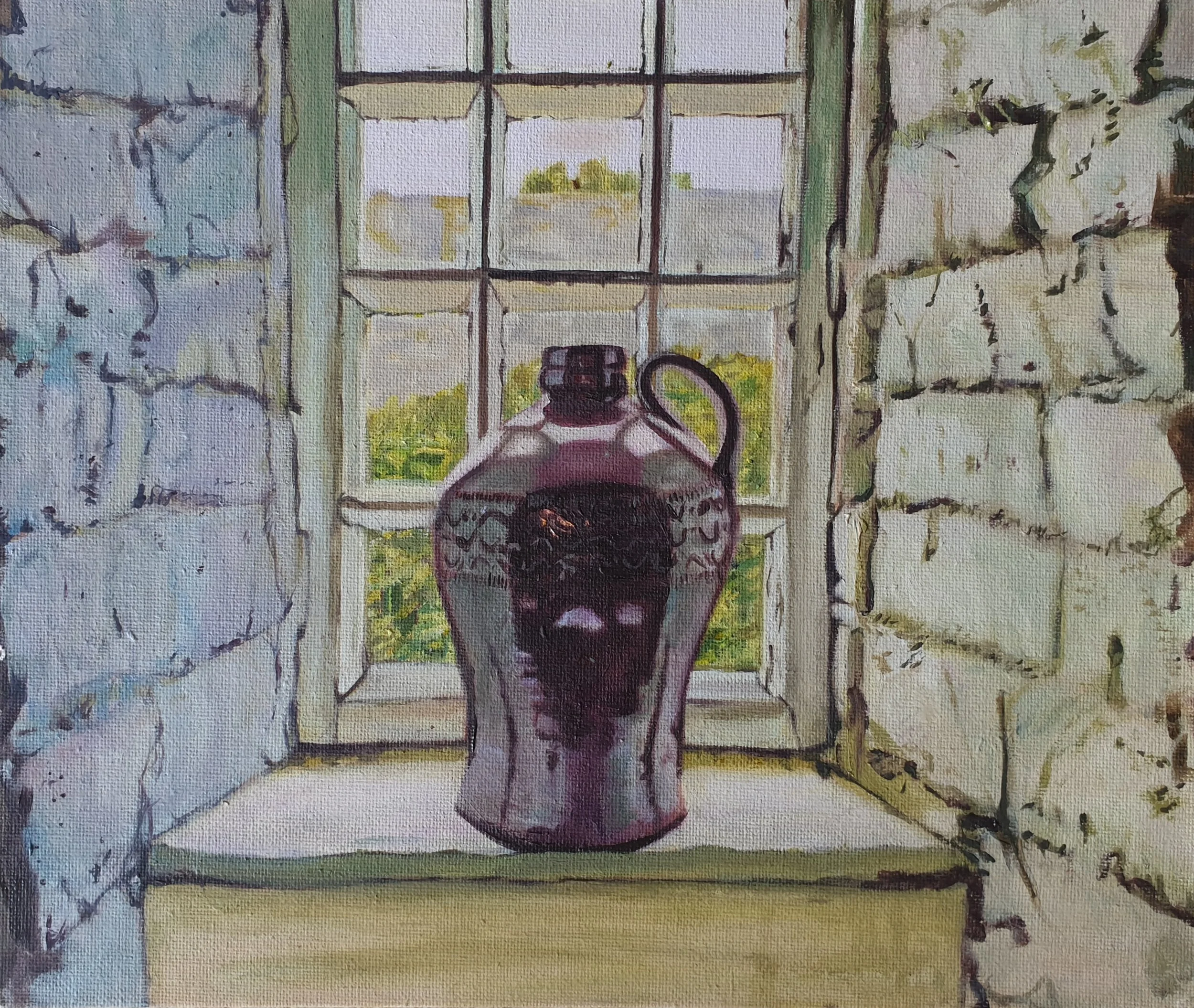 'Jar in Window', 
framed size 31 x 36 cm, oil on canvas panel.