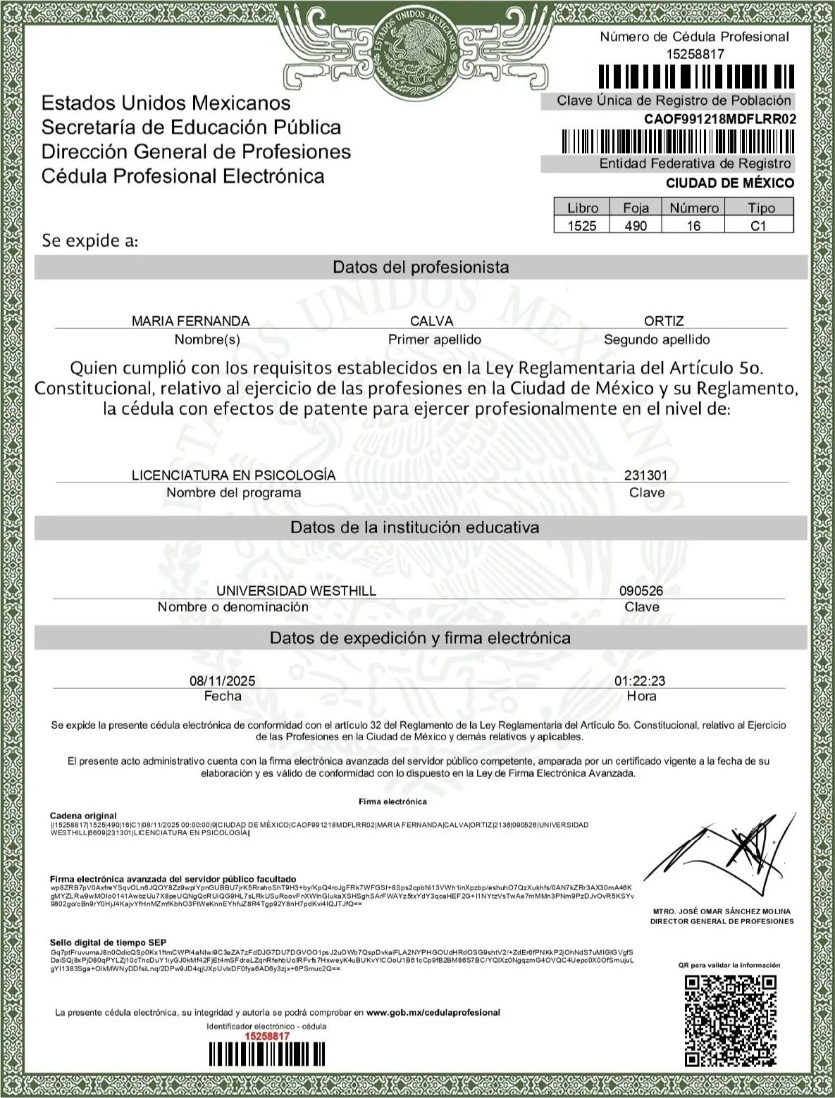 Cédula profesional electrónica de una profesional graduada en psicología, con información personal, datos del programa, institución, firma digital, y códigos QR y de barras.