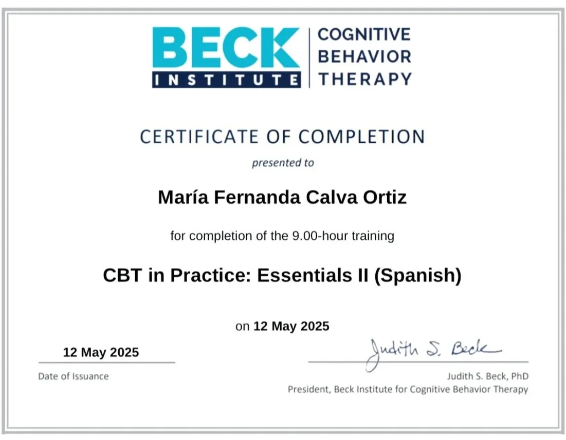 Certificado de finalización del Instituto Beck en Terapia Cognitiva Conductual, otorgado a María Fernanda Calva Ortiz, por completar una capacitación de 9 horas, titulado "CBT en práctica: Esenciales II (Español)" el 12 de mayo de 2025.