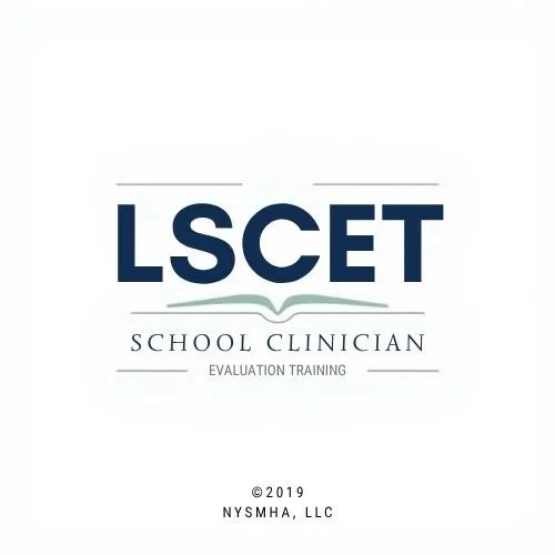 LSCET School Clinician Evaluation Training logo with open book graphic, year 2019, NYSMHA, LLC