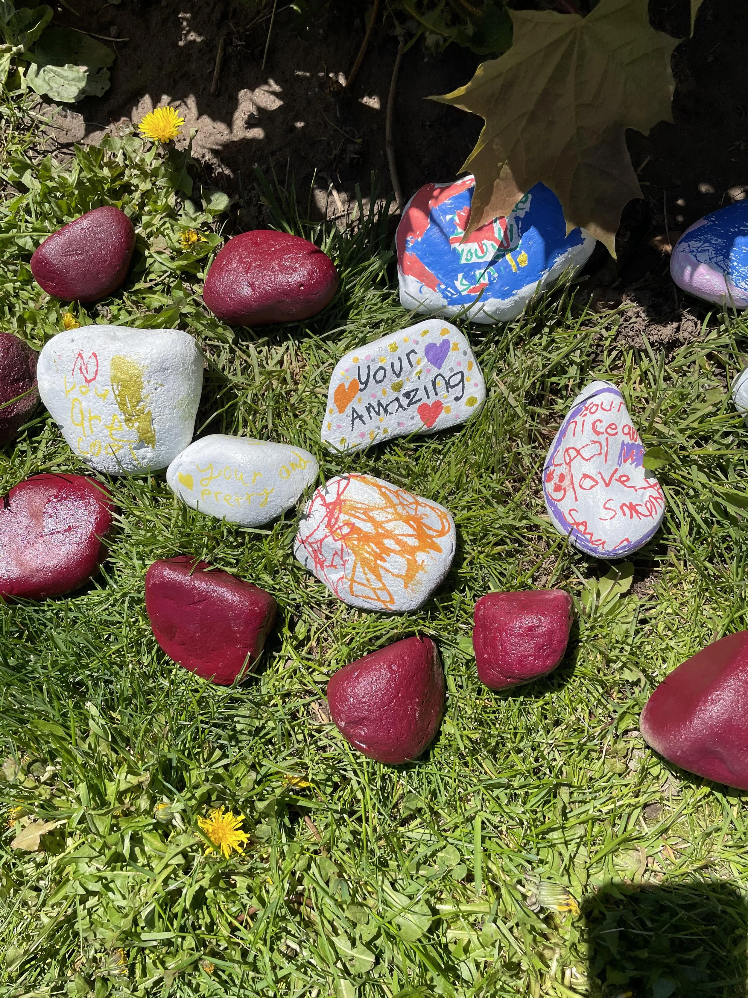 Decorative painted rocks on grass, with some rocks painted red and others with colorful messages and drawings. One rock reads 'your amazing', another 'your pretty', and others with various doodles and words.