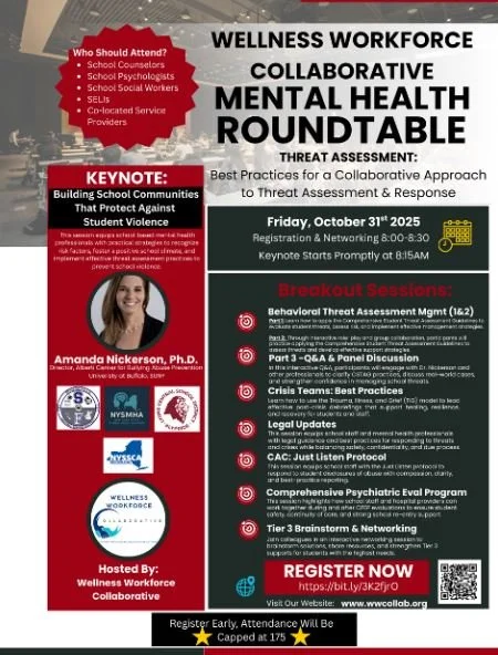 Poster for Wellness Workforce Collaborative Mental Health Roundtable event scheduled for October 31, 2025, includes keynote speakers, breakout sessions, registration details, and event logos.